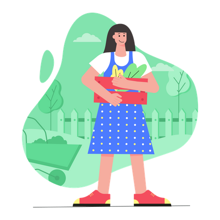 Young girl holding box with vegetables  Illustration