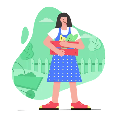 Young girl holding box with vegetables  Illustration