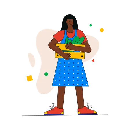 Young girl holding box with vegetables  Illustration