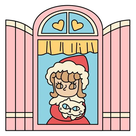 Window With Girl Holding Cat Cartoon Vector Illustration In Line Filled Design Illustration