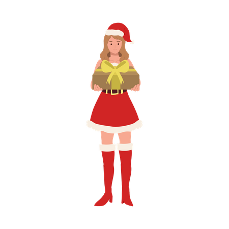 Young girl holding christmas gift  Illustration