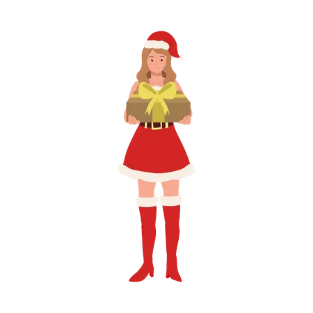 Young girl holding christmas gift  Illustration