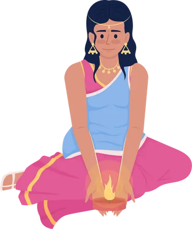 Young girl holding diwali candle  Illustration
