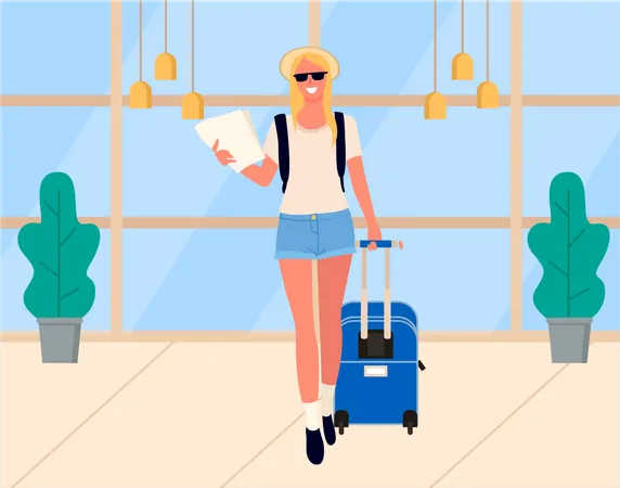 Young girl holding document and travel bag at airport  Illustration