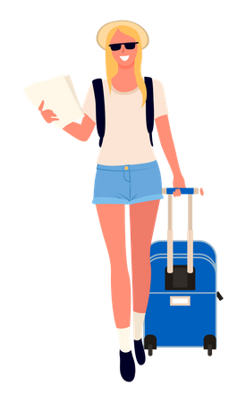Young girl holding document with travel bag going for trip  Illustration