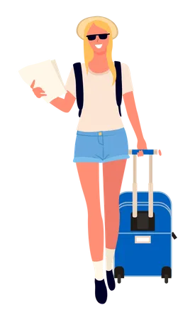Young girl holding document with travel bag going for trip  Illustration
