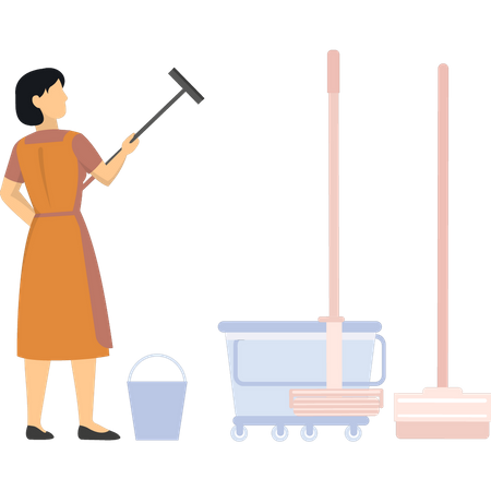 Young girl holding floor wiper  Illustration