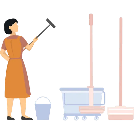 The Girl Is Holding A Floor Wiper Illustration