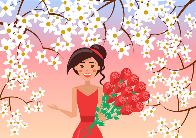 Young girl holding flower bouquet  Illustration