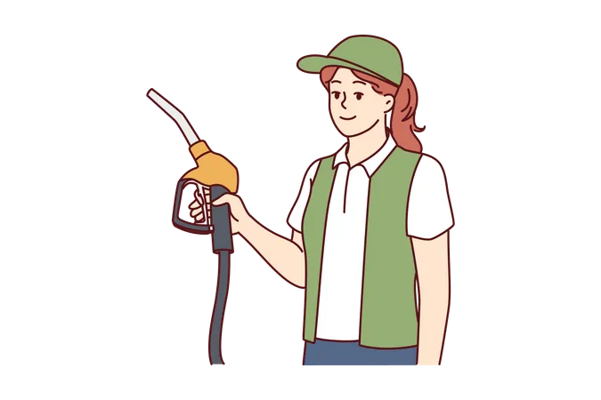 Young girl holding fuel pump nozzle  Illustration
