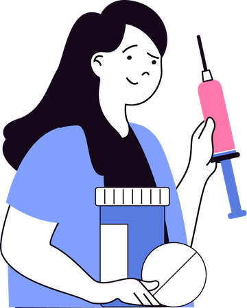 Young girl holding injection and medicine  Illustration