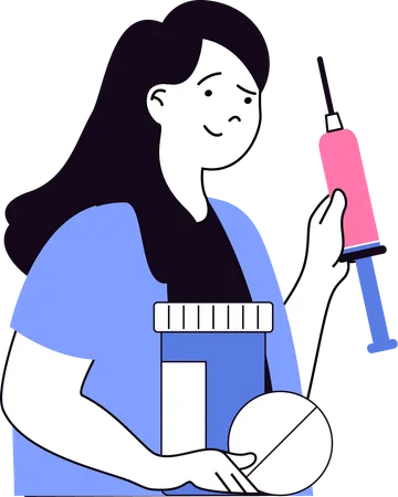 Young girl holding injection and medicine  Illustration