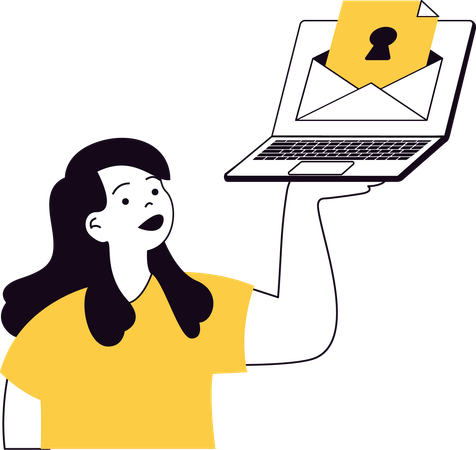 Young girl holding laptop while showing email security  Illustration