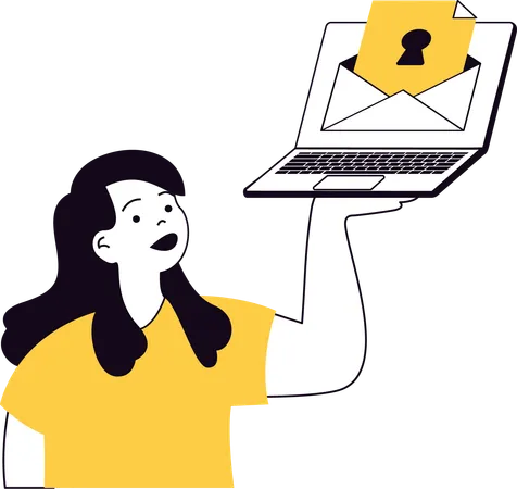 Young girl holding laptop while showing email security  Illustration