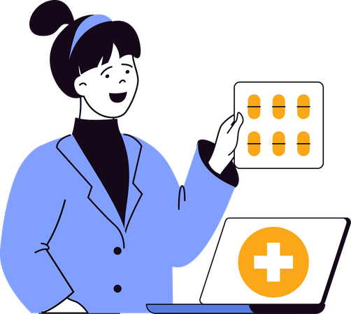 Young girl holding medicine packet  Illustration