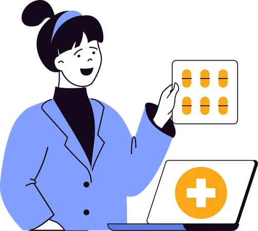 Young girl holding medicine packet  Illustration