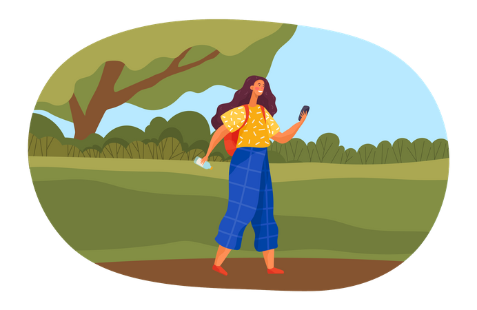 Young girl holding phone and walking Illustration
