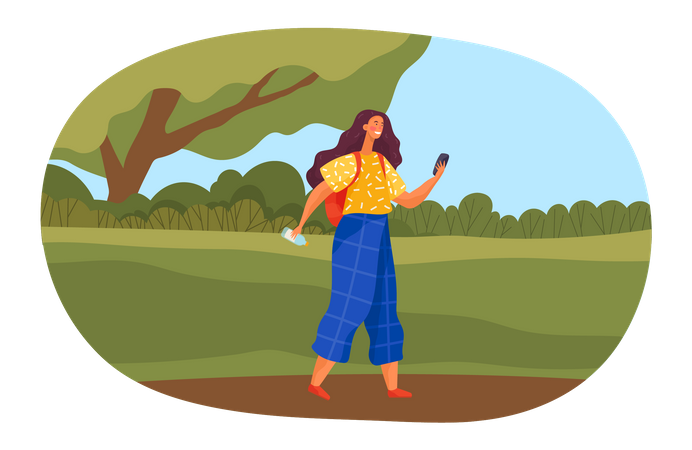 Young girl holding phone and walking  Illustration