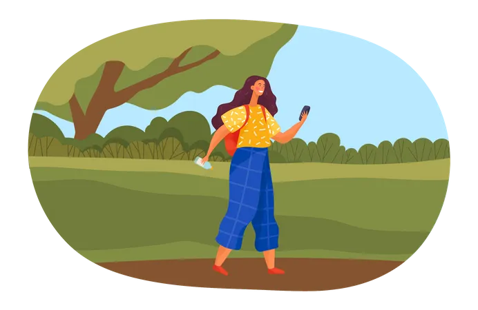 Young girl holding phone and walking  Illustration