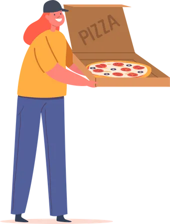 Young girl holding pizza box  Illustration