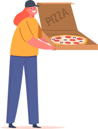 Young girl holding pizza box  Illustration