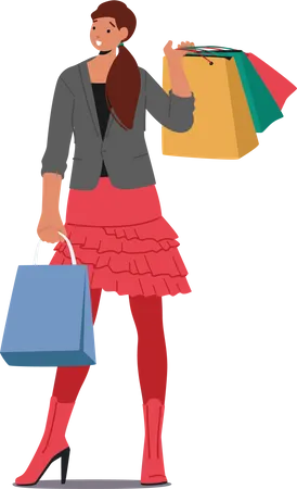 Stylish Female Buyer Shopping Fun New Collection Seasonal Sale Discount Shopaholic Girl With Purchases In Colorful Paper Bags Happy Woman Holding Shopping Packages Cartoon Vector Illustration Illustration