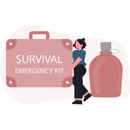 Young girl holding survival emergency kit  Illustration