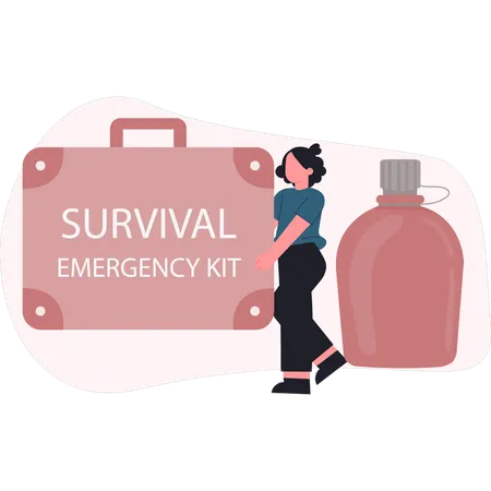 Young girl holding survival emergency kit  Illustration