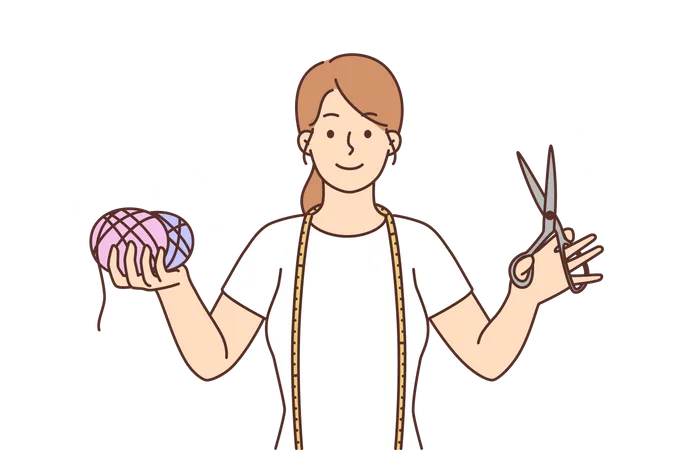 Young girl holding wool ball and scissor  Illustration