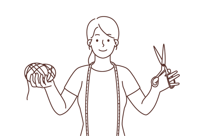 Young girl holding wool ball and scissor  イラスト