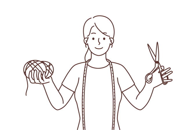 Young girl holding wool ball and scissor  イラスト
