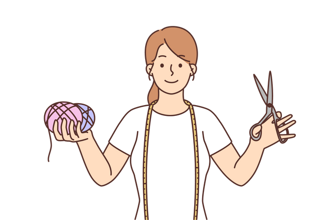 Young girl holding wool ball and scissor  Illustration