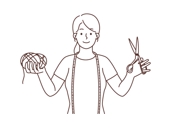 Young girl holding wool ball and scissor  Illustration