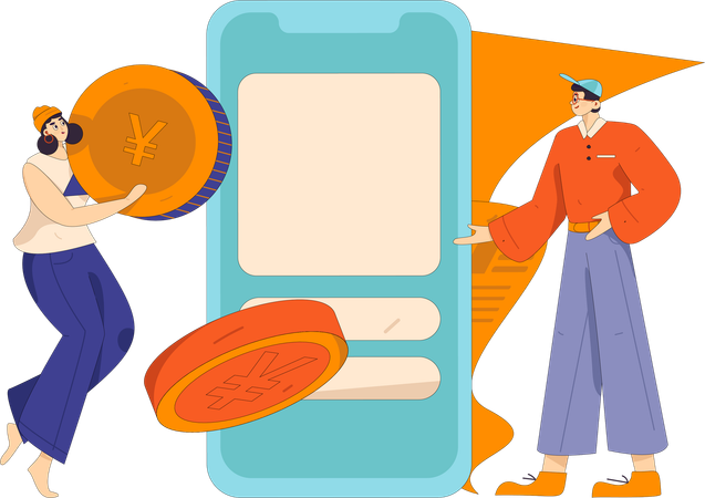 Young girl holding yen coin while man doing mobile payment  Illustration