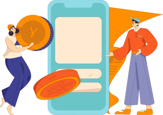 Young girl holding yen coin while man doing mobile payment  Illustration