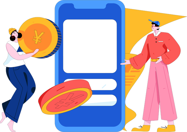 Young girl holding yen coin while man doing mobile payment  Illustration