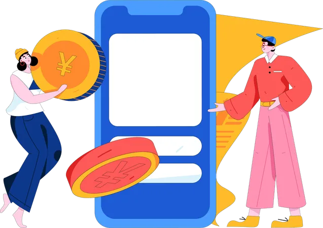 Young girl holding yen coin while man doing mobile payment  Illustration