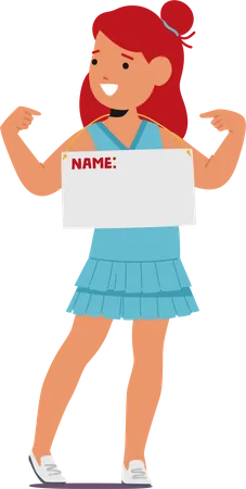 Young Girl Character Proudly Holds A Nameplate Showing On Herself Her Eyes Gleaming With Innocence And Curiosity Embodying The Pure Essence Of Childhood Wonder Cartoon People Vector Illustration Illustration