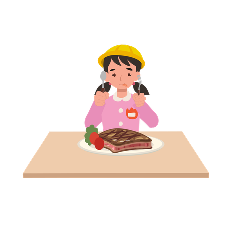 Young girl in japanese kindergarten uniform eating a large steak meal at a dining table  Illustration