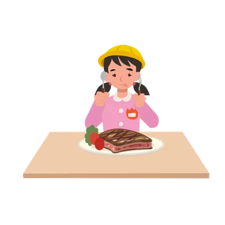 Young girl in japanese kindergarten uniform eating a large steak meal at a dining table  Illustration