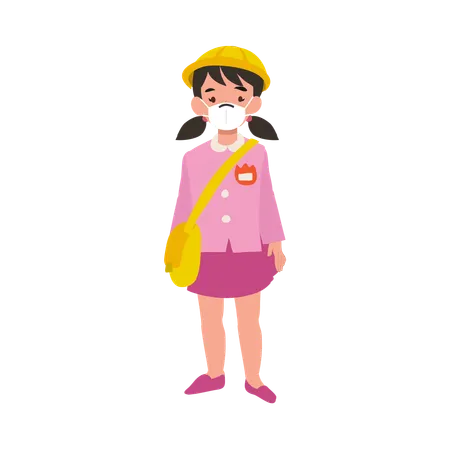 Young girl in japanese kindergarten uniform with face mask, showcasing health-conscious early education  Illustration