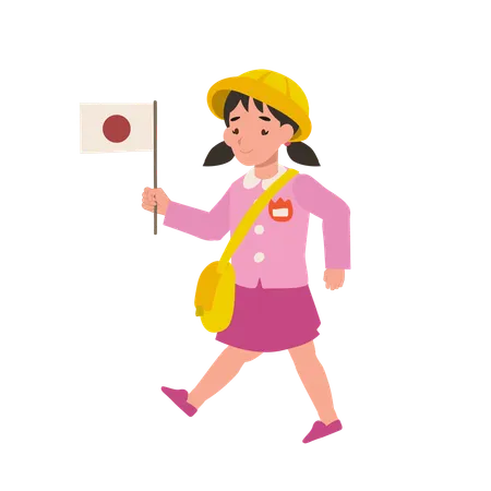 Young girl in kindergarten uniform waving japanese flag  Illustration