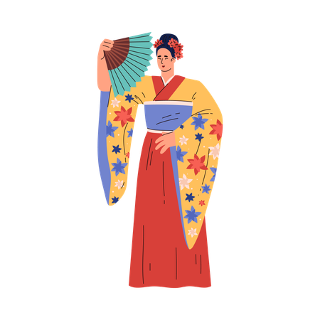 Young girl in  traditional kimono with  beautiful pattern holding  fan  Illustration