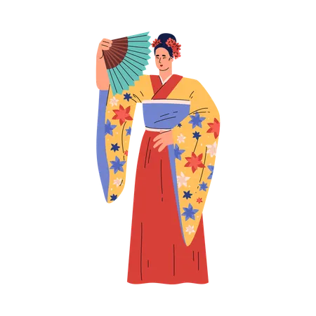 Young girl in  traditional kimono with  beautiful pattern holding  fan  Illustration