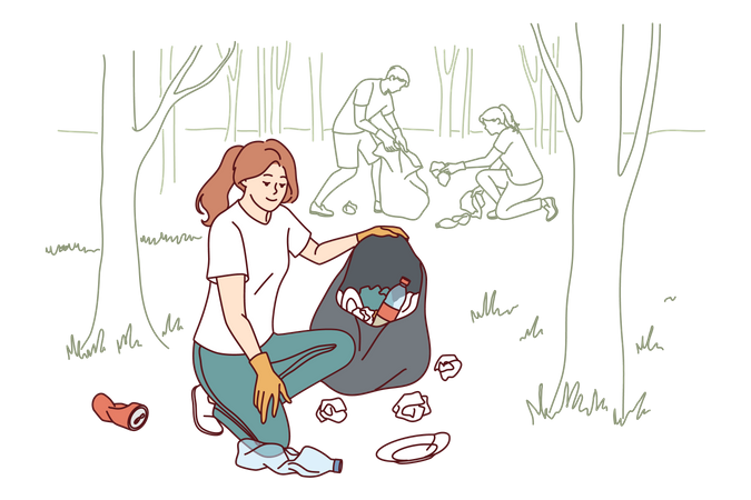 Young girl is cleaning garbage  Illustration