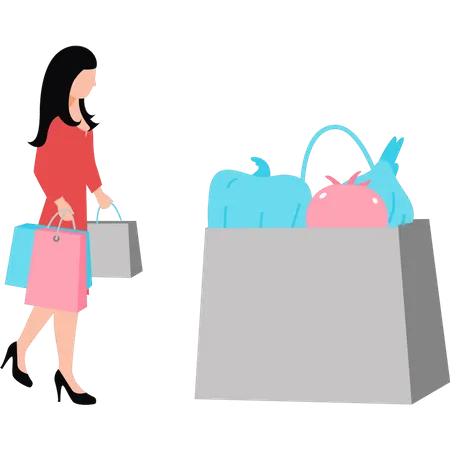 Young girl is coming from shopping  Illustration