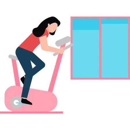 Young girl is exercising on the cycling machine  Illustration