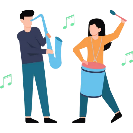 Young Girl Is Playing The Drums And Young Boy Is Playing The Saxophone  Illustration