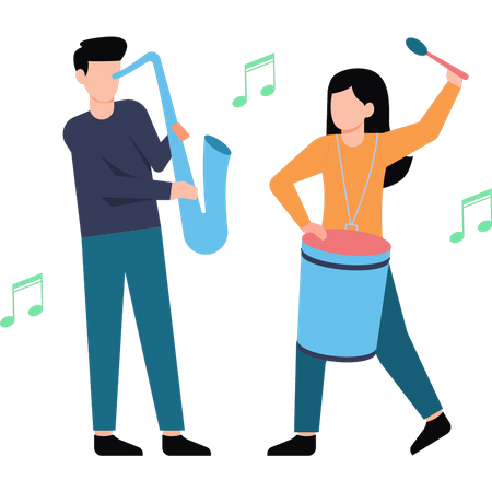 Young Girl Is Playing The Drums And Young Boy Is Playing The Saxophone  Illustration