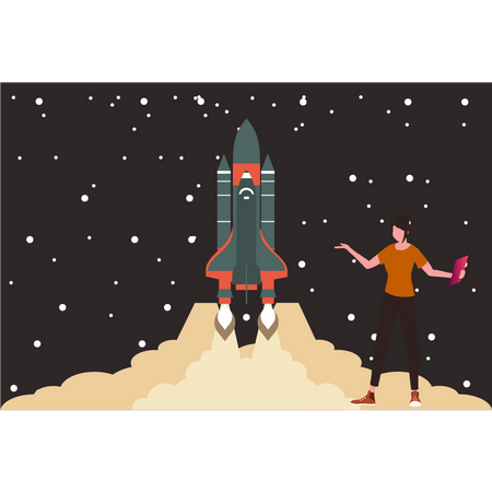 Young girl launched spaceship  Illustration